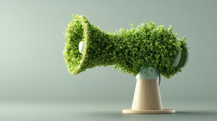 Poster - A Mehone Enveloped in Lush Green Foliage on a Light Brown Wooden Base Set Against a Muted Green Background Perfect for Eco-Friendly Themes