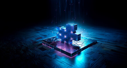 Aufkleber - Luminous blue cube cross on a hexagonal tile. Circuit board pattern with light rays on a dark backdrop. Tech concept.