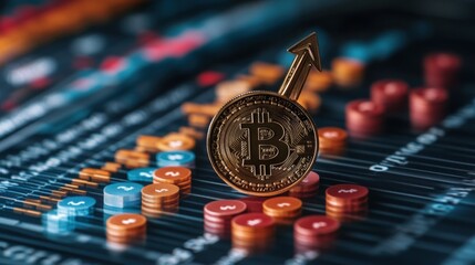 Poster - A gleaming gold Bitcoin coin positioned on colorful financial data background with an upward arrow indicating cryptocurrency value growth and investment potential.
