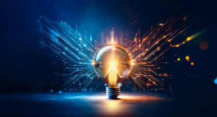 Aufkleber - glowing light bulb with circuit wings emits bright rays on a dark blue background. symbolizing innov