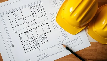 Wall Mural - construction blueprints, architectural drawings, floor plans, yellow hard hats, safety helmets, draf