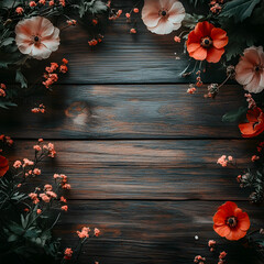 Poster - A beautiful arrangement of colorful flowers framing a rustic wooden background, creating a serene and inviting atmosphere
