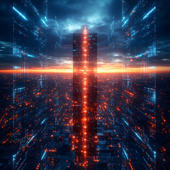 Poster - A futuristic cityscape with a towering illuminated structure amidst a digitally enhanced environment, featuring vibrant colors and a dramatic sky