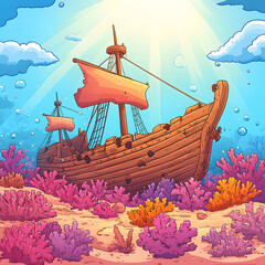 Poster - A vibrant, colorful illustration of a sunken ship surrounded by coral reefs and bubbles underwater, emitting a serene and enchanting atmosphere