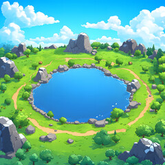 Poster - A serene landscape featuring a circular lake surrounded by rocks and lush greenery under a bright blue sky with fluffy clouds