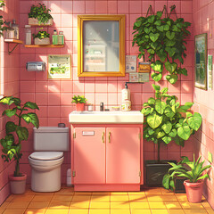 Poster - A charming bathroom scene featuring pink tiles, a white sink, plants, and a golden-framed mirror, creating a fresh and inviting atmosphere