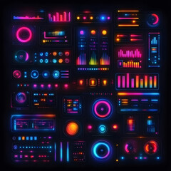 Poster - A vibrant, futuristic dashboard featuring colorful sound waves, graphs, and buttons, designed for digital interfaces or music production