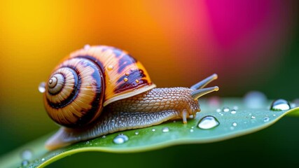 Fototapete - Close-Up of a Colorful Snail on a Dewy Leaf with Vibrant Background Blurring in Natural Light