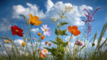Wall Mural - wildflower meadow filled with colorful blossoms, delicate brushstrokes capturing the movement of the