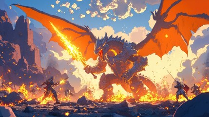 a close up of a dragon attacking a man with a sword