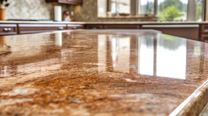 Poster - Elegant granite countertop with polished surface in modern kitchen interior, showcasing natural patterns and reflections
