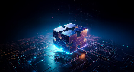 Aufkleber - futuristic cube formed by puzzle pieces, brightly glowing with blue light, is placed on an illuminat
