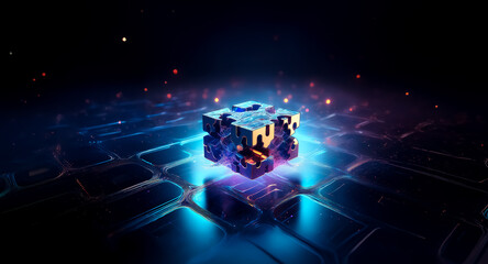 Aufkleber - a glowing cube with intricate patterns rests on a surface with neon lines. sparks of light float in 