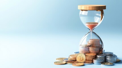 Poster - A glass hourglass with sand emptying slowly atop a pile of cryptocurrency coins symbolizing the passage of time against a pale blue backdrop