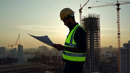 Poster - Construction Engineers Supervise Building Project at Sunset Generative AI