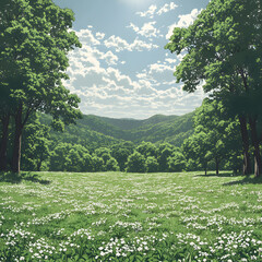 Poster - A serene landscape featuring lush green hills, a bright sky with fluffy clouds, and a field of flowers, creating a peaceful and idyllic scene
