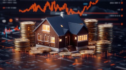 Poster - Miniature House Illuminated Amongst Stacks of Gold Coins with Fluctuating Financial Charts Illustrating Real Estate and Market Relationship Dynamics