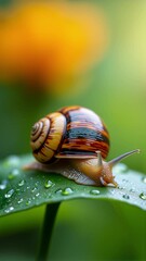Fototapete - Close-Up of a Colorful Snail on a Dewy Leaf with Vibrant Background Blurring in Natural Light