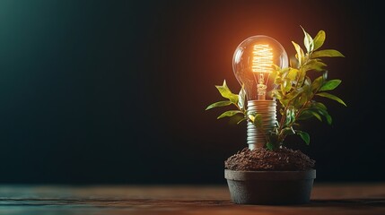 Poster - A glowing Edison-style light bulb creatively placed in a terracotta pot with a small sprouting plant on a dark wooden surface, moody background ambiance