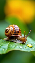 Fototapete - Close-Up of a Colorful Snail on a Dewy Leaf with Vibrant Background Blurring in Natural Light
