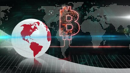 Poster - Bitcoin symbol glowing over digital map with red globe, showcasing animation