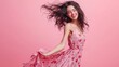 © Sidoagung - Nice lady overjoyed by warm spring breeze going romantic date wear cute dress isolated pink background