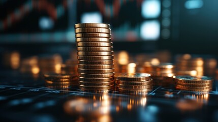Poster - A tall stack of shimme gold coins symbolizes financial prosperity against a blurred backdrop featu smaller coin stacks and a market graph illustrating growth.