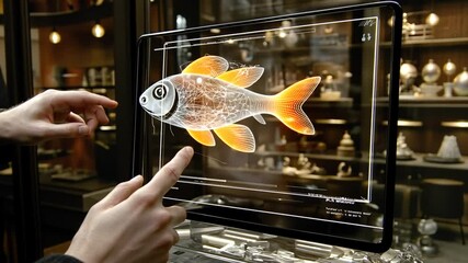 Poster - interactive tablet displaying 3d diagrams of animals in a shop generative ai