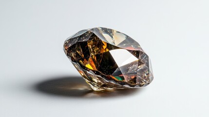 Poster - Close-up view of a stunningly faceted brownish-gold gemstone creating an elegant shadow on a pristine white surface, showcasing its intricate beauty.