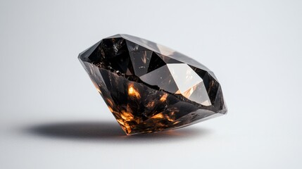 Poster - Close-Up of a Stunning Dark Smoky Quartz Gemstone with Brilliant Cut and Fiery Inclusions on a Subtle Light Gray Surface Showing Natural Beauty