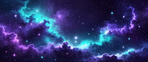 Majestic purple and turquoise nebula with scattered stars and cosmic glow