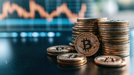 Poster - Close-up View of Stacks of Bitcoin Coins on Dark Surface with Blurred Downward-Trending Cryptocurrency Graph in Background Representing Market Decline