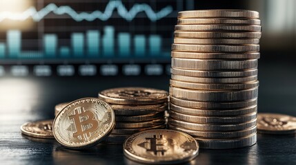 Poster - Close-up of Stacked Bitcoin Cryptocurrency Coins with Blurred Financial Graph Illustrating Fluctuating Market Trends and Economic Changes in Background