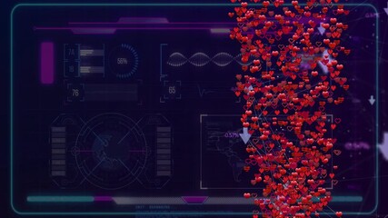 Poster - Red heart animation cascading over digital data interface elements