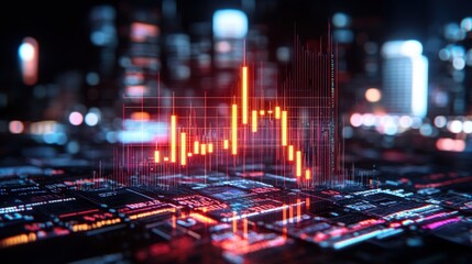 Poster - Dramatic descent of a red candlestick chart over a futuristic cityscape blending with a complex circuit board, depicting financial market trends vividly