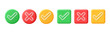© Максим - Realistic right and wrong buttons in 3D style with neon elements. Set of glossy round and square icons with a check mark, sign of the cross, symbols of acceptance, rejection. Vector illustration.