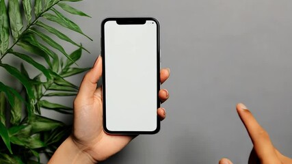 Poster - Hand Holding Smartphone With White Screen Over Green Foliage Generative AI