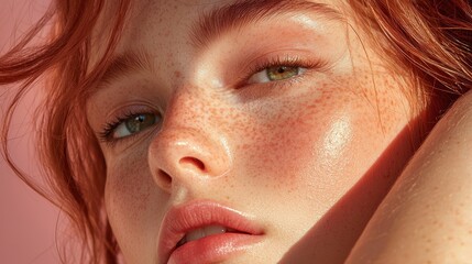 Poster - Minimalist Bright Pearl Backdrop with Freckled Face Clean Composition Text