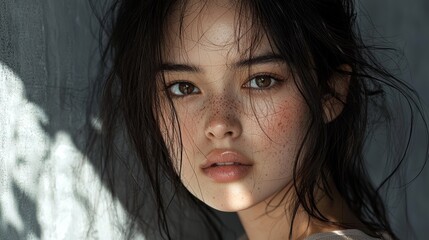 Leinwandbilder - Minimalist Portrait of a Young Woman with Freckled Skin and Pastel Gray Background Clean Aesthetic