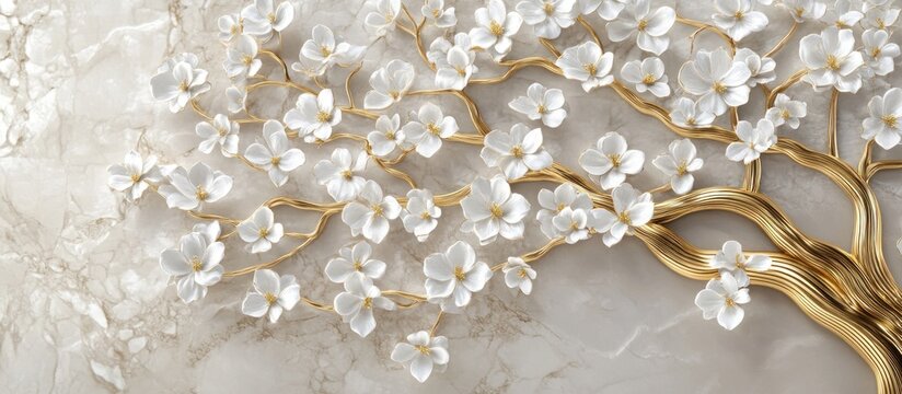 A stunning Golden Tree of Life mural rendered in exquisite 3D, featuring delicate white flowers. Set against a minimalist background, the intricate design   