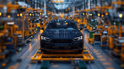 Poster - dark car on automated assembly line in modern automotive factory surrounded by advanced machinery an