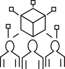 Poster - simple line illustration depicts three people connected to central cube, symbolizing collaboration and networked communication. design suggests teamwork and interconnected systems