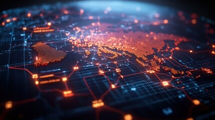 Poster - Stylized Digital Rende of Earth with Focus on Europe and Mediterranean Region Showcasing Complex Network of Interconnected Nodes and Lines