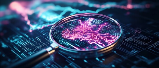 Poster - A magnifying glass highlights a glowing pink network map overlaying a digital data-driven background with fluctuating lines and intricate patterns