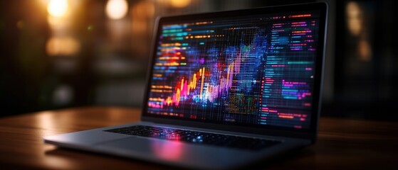 Poster - A laptop with vibrant, dynamic graphs and data visualizations on a wooden table in a dimly lit setting for stock market analysis technology
