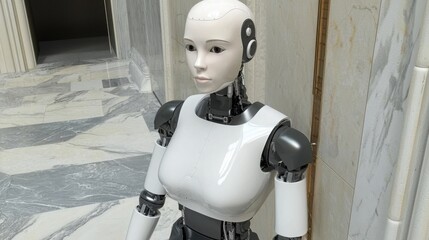 Poster - Futuristic robot standing in a hallway symbolizing ai-assisted growth investing and technological advancement