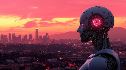 Poster - Robot observing cityscape representing ai-assisted passive investing strategies and urban financial insights