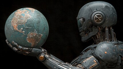 Poster - Robot holding a globe symbolizing global unity and responsibility in a technological world focused on innovation