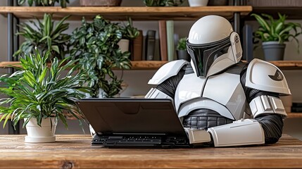 Poster - storm trooper sitting at a desk highlighting automated privacy impact assessments in a creative offi