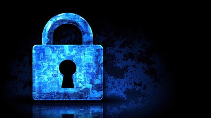 Poster - Blue lock symbolizing secure data protection on a black background representing encrypted communication channels
